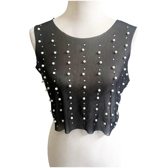 Oppa Tops - Oppa Pearl Rhinestone Sheer Mesh Crop Top Sexy See Through Short Sleeve NWT S